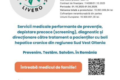 Poster promoting LIVE(RO)4 – SVO hepatitis screening program in Sud Vest Oltenia, featuring circular logo, Romanian text, and a QR code.
