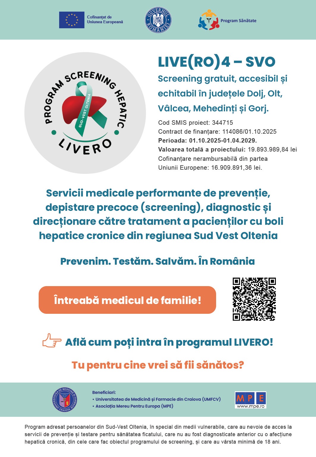 Poster promoting LIVE(RO)4 – SVO hepatitis screening program in Sud Vest Oltenia, featuring circular logo, Romanian text, and a QR code.