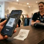 Person holding a smartphone scanning a QR code at a checkout counter in a store, with a cashier in the background