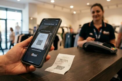 Person holding a smartphone scanning a QR code at a checkout counter in a store, with a cashier in the background