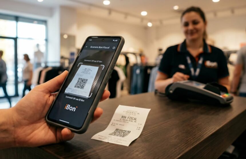 Person holding a smartphone scanning a QR code at a checkout counter in a store, with a cashier in the background