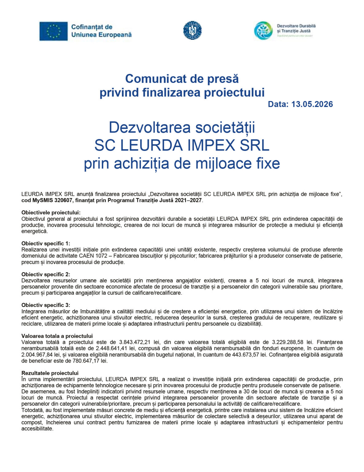 Front page of a Romanian press release with three logos at the top, date 13.05.2026, and the title about finalizing the project.
