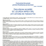Front page of a Romanian press release with three logos at the top, date 13.05.2026, and the title about finalizing the project.