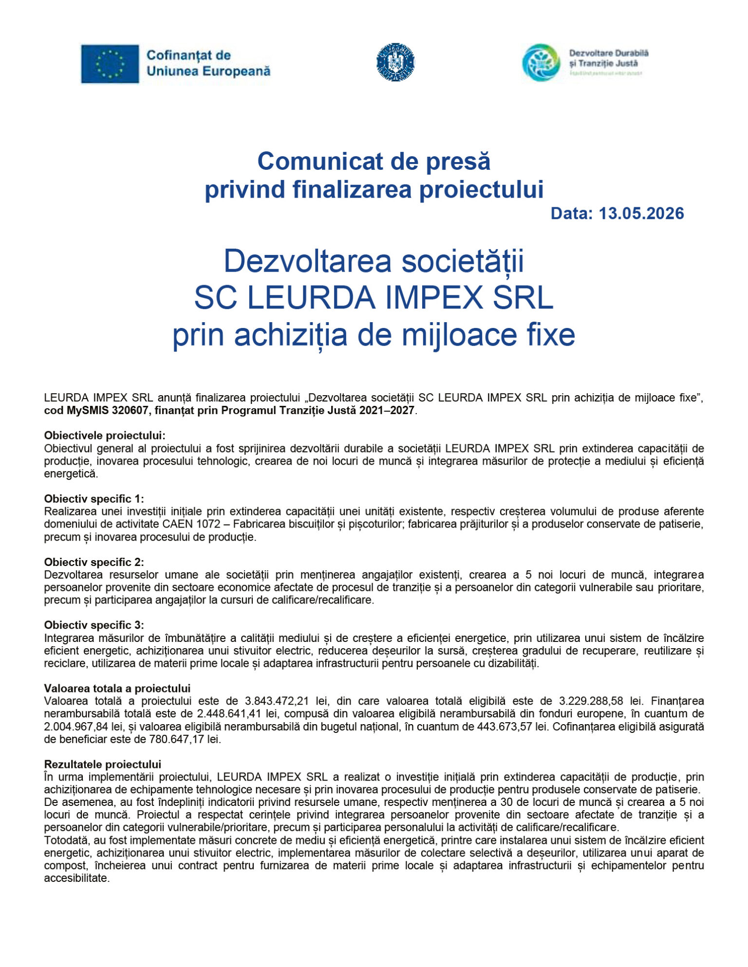 Front page of a Romanian press release with three logos at the top, date 13.05.2026, and the title about finalizing the project.