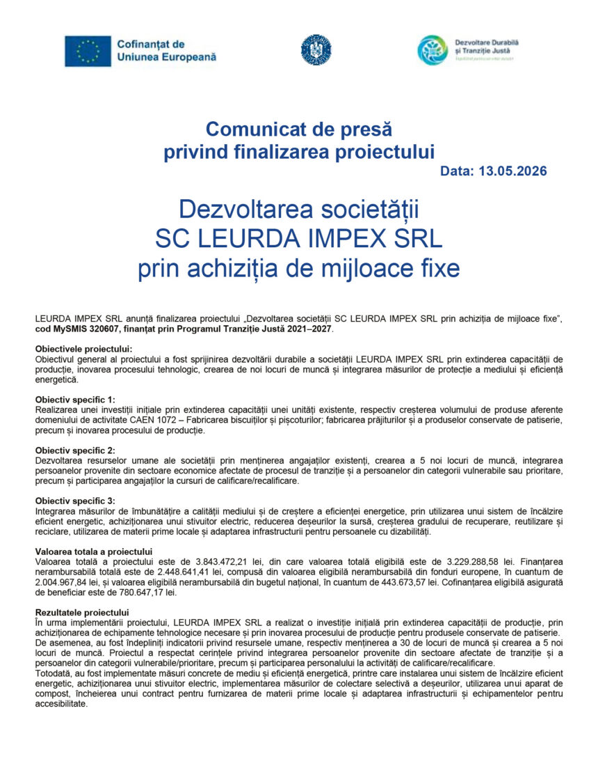 Front page of a Romanian press release with three logos at the top, date 13.05.2026, and the title about finalizing the project.