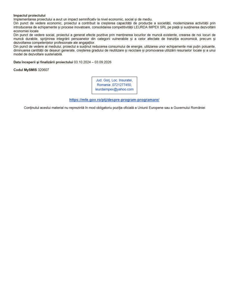 Romanian document describing a project impact, including economic, social and environmental goals, dates 2024–2026 and MySMIS code 320607, with a contact box and a blue hyperlink to the program page.