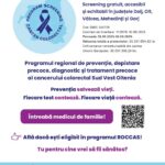 Poster announcing ROCCAS 4 SVO free cancer screening for Dolj, Olt, Vâlcea, Mehedinți and Gorj, with logos and a QR code on the right.
