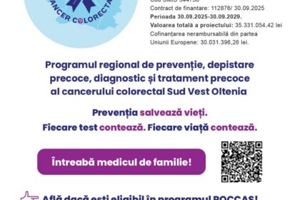 Poster announcing ROCCAS 4 SVO free cancer screening for Dolj, Olt, Vâlcea, Mehedinți and Gorj, with logos and a QR code on the right.