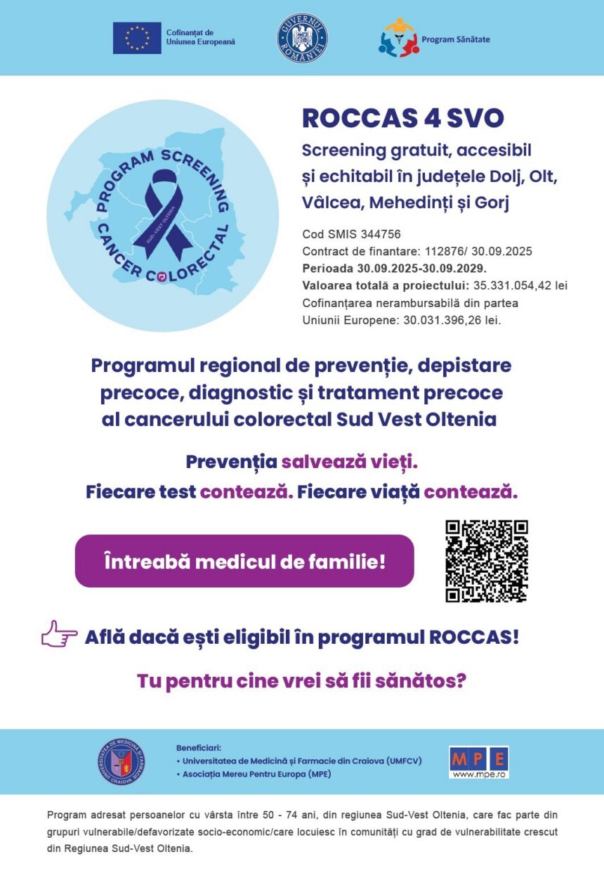 Poster announcing ROCCAS 4 SVO free cancer screening for Dolj, Olt, Vâlcea, Mehedinți and Gorj, with logos and a QR code on the right.