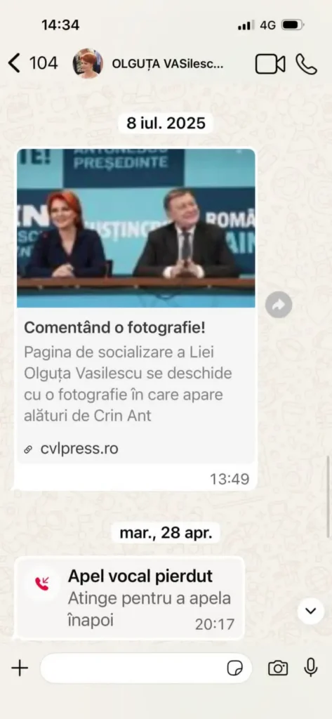 WhatsApp chat with a news card: two panelists at a podium on a blue backdrop; Romanian text about Olguța Vasilescu.