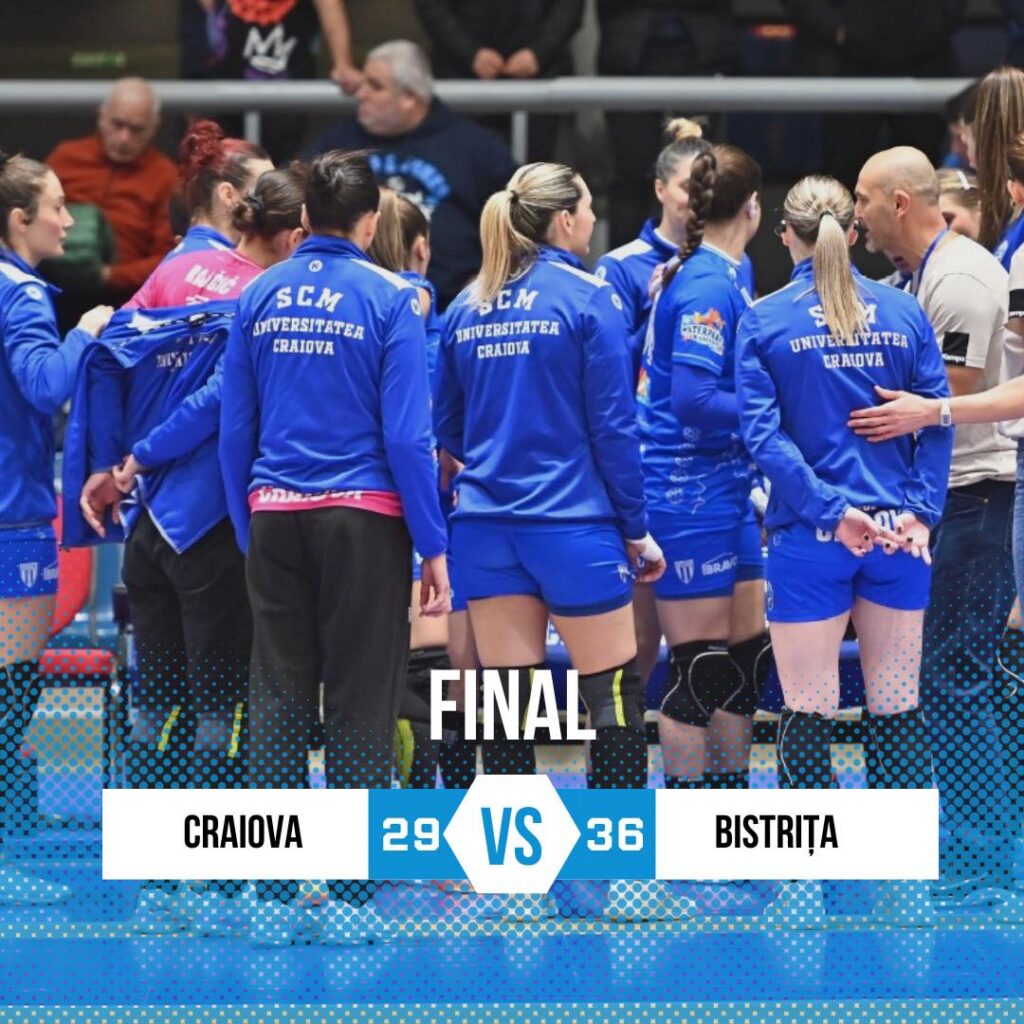 Group of blue-uniformed players in a huddle on a court; final score overlay shows Craiova 29, Bistrița 36 (FINAL).