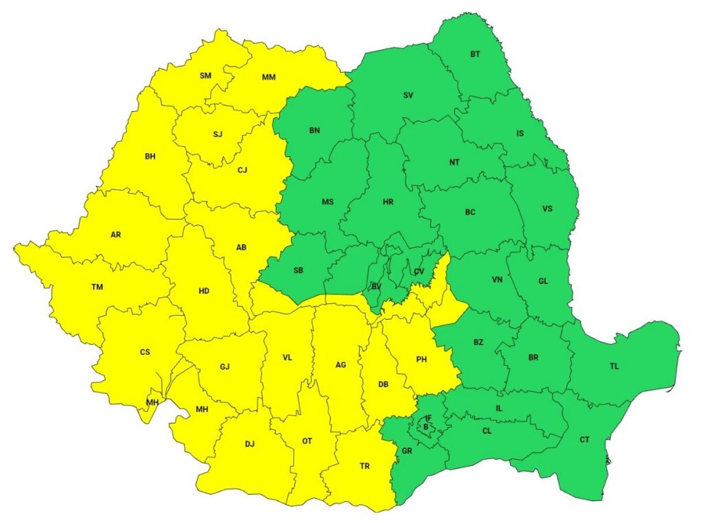 ANM: Cod galben de averse torenţiale şi vijelii în Oltenia