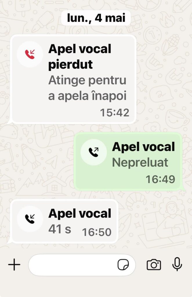 Notifications of voice calls in a chat: one missed call, one outgoing call later (timestamps 15:42 and 16:49)