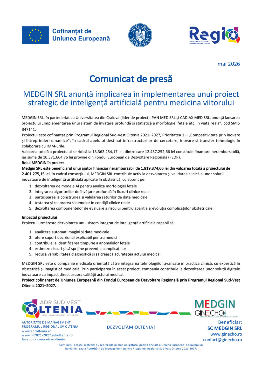 Press release page in Romanian with EU and Romanian logos, title 'Comunicat de presă' and dense body text (May 2026).
