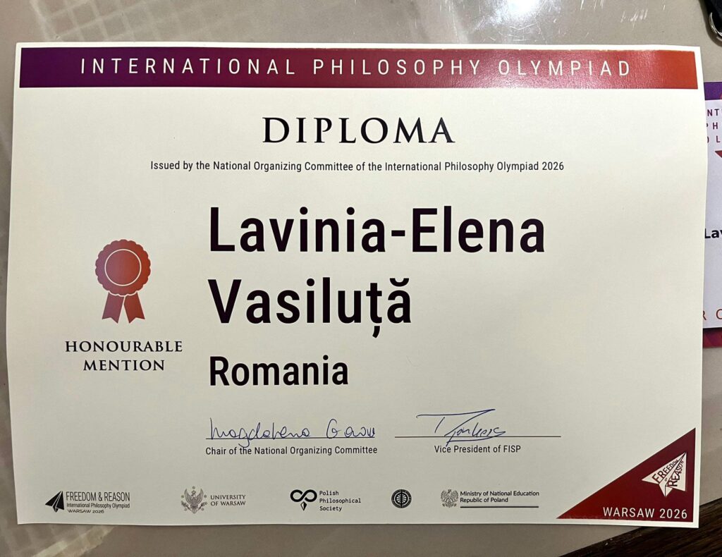 - Jurnalul Olteniei – Știri din Craiova și Oltenia Diploma for the International Philosophy Olympiad 2026 awarded to Lavinia-Elena Vasiliuta with ribbon seal at bottom left