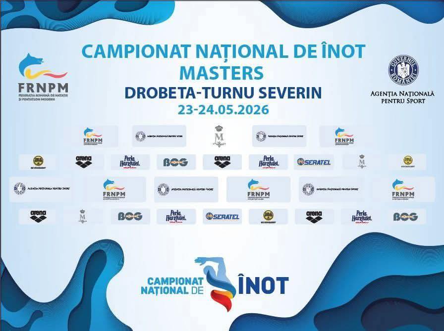 Banner announcing the National Masters Swimming Championship in Drobeta-Turnu Severin, 23–24 May 2026, with sponsor logos.