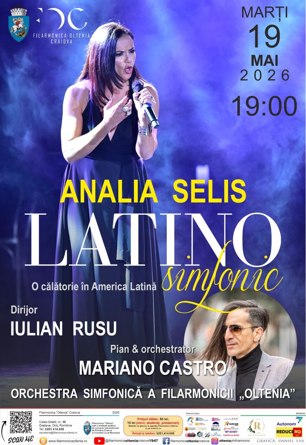 Poster advertising Analía Selis Latinissimo concert by Filarmonica Oltenia Craiova; date Marți 19 Mai 2026 at 19:00; singer on stage with microphone, blue stage lights.