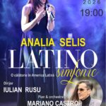 Poster advertising Analía Selis Latinissimo concert by Filarmonica Oltenia Craiova; date Marți 19 Mai 2026 at 19:00; singer on stage with microphone, blue stage lights.