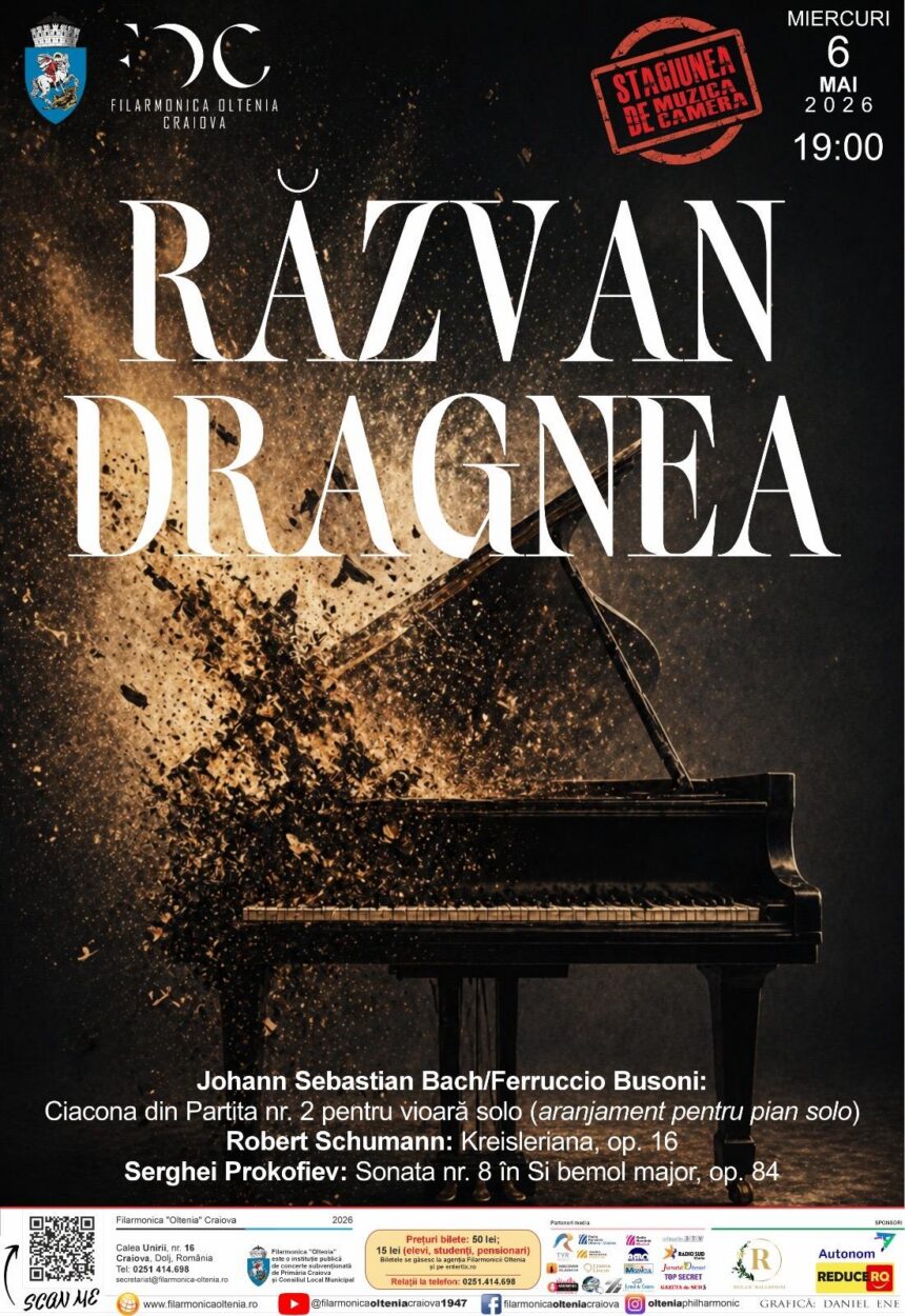 Poster announcing Razvan Dragnea concert by Filarmonica Oltenia Craiova; dramatic broken piano image, event date May 6, 2026 at 19:00.