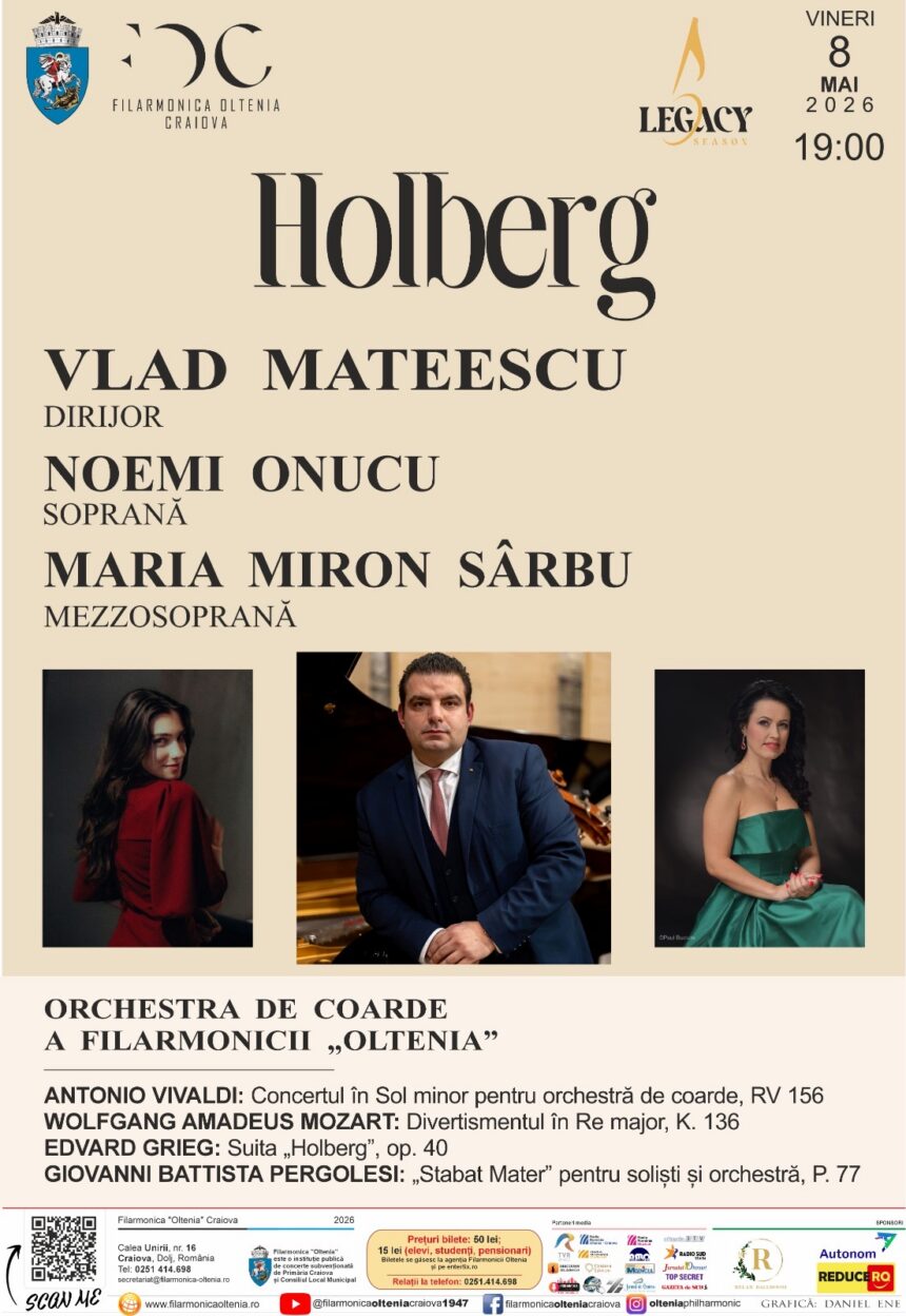 Concert poster for 'Holberg' by Filarmonica Oltenia Craiova, featuring conductor Vlad Mateescu and soloists Noemi Oncu and Maria Miron Sârbu; May 8, 2026 at 19:00.