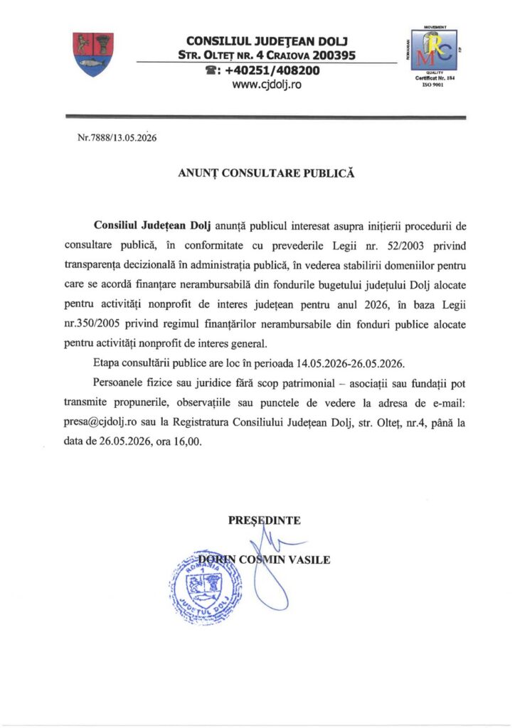 Anunț de consultare publică emis de Consiliul Județean Dolj, cu sigilii oficiale și semnătură, privind finanțarea nonprofit în 2026.
