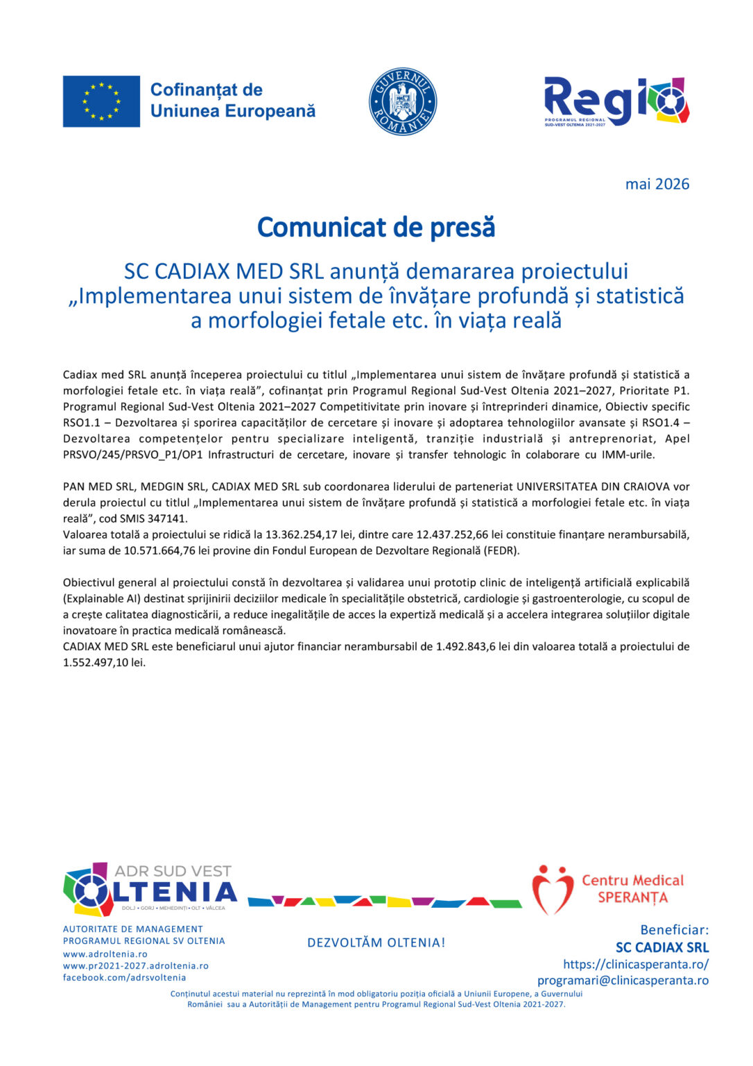 Front page of a press release with EU flag, Romanian government seal, and Regio logos, date mai 2026, title 'Comunic at de presă' and introductory text.