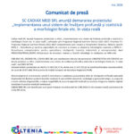 Front page of a press release with EU flag, Romanian government seal, and Regio logos, date mai 2026, title 'Comunic at de presă' and introductory text.