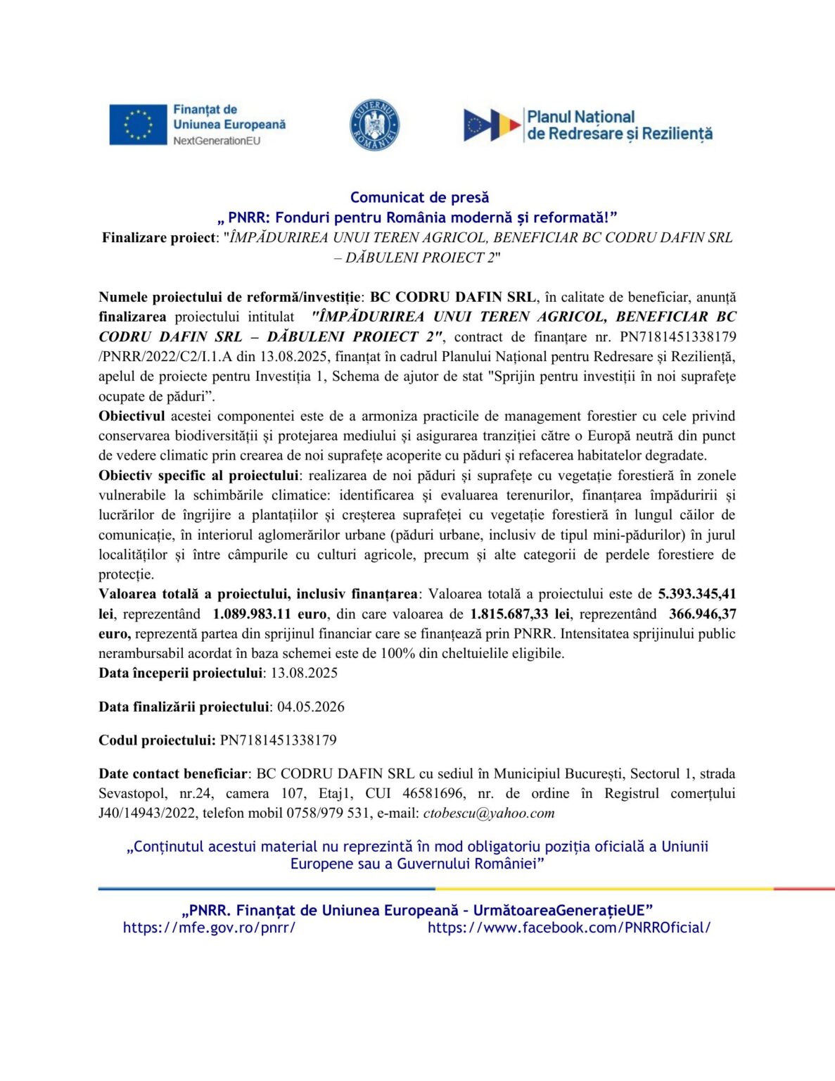 Header of an official press release page with EU funding and Romanian government logos, featuring the title 'Comunicat de presă' and project details in Romanian
