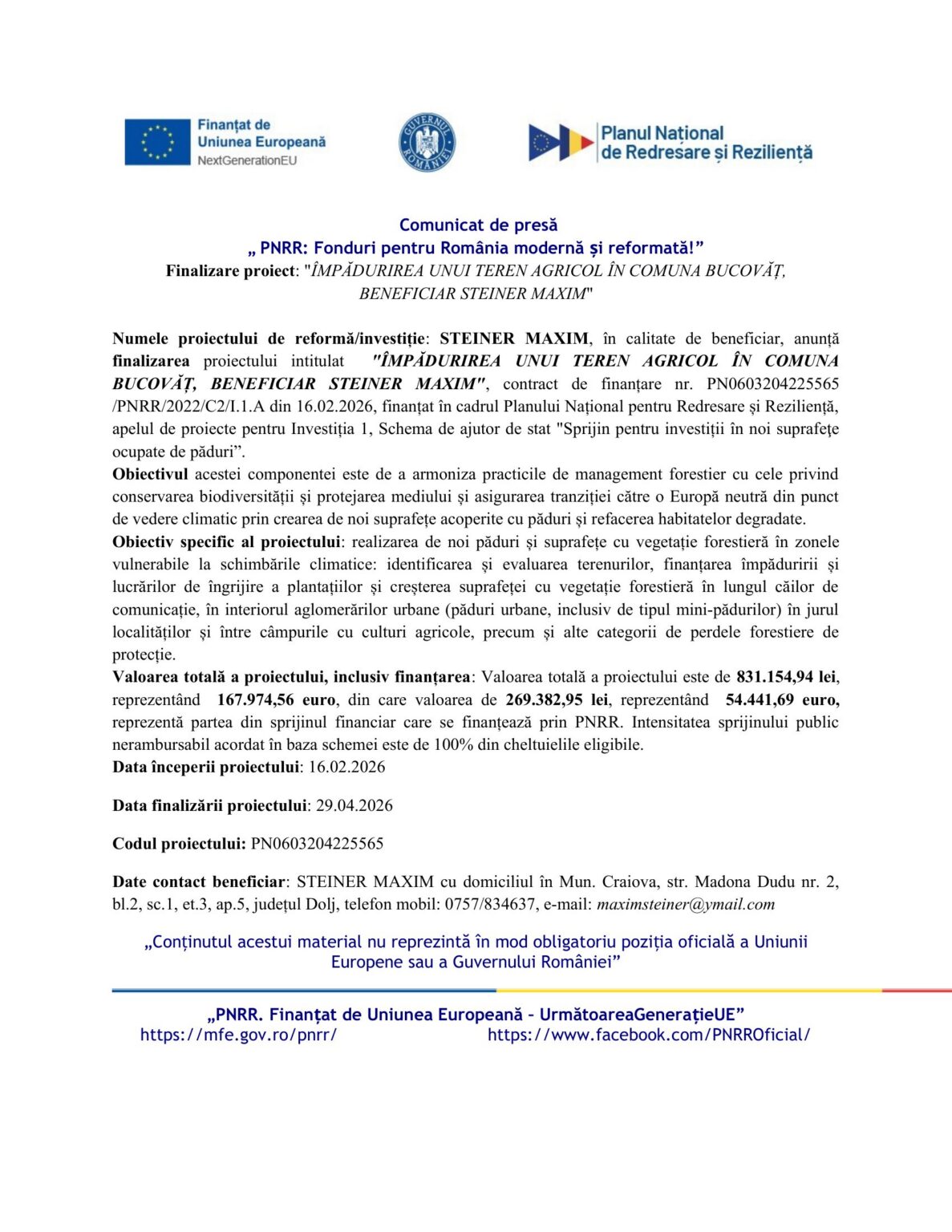 Official press release header featuring EU and Romanian logos and Romanian text about PNRR project.