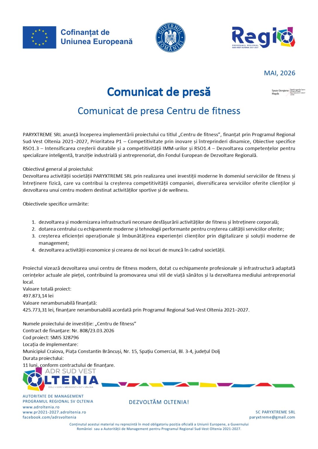 Formal press release page with EU and Romanian logos, title 'Comunicat de presă' dated May 2026.