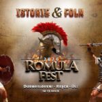 Epic banner for Romula Fest 2026 with two armored warriors duelling on a fiery background and a central helmet crest atop the logo.