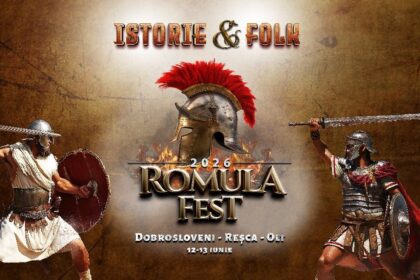 Epic banner for Romula Fest 2026 with two armored warriors duelling on a fiery background and a central helmet crest atop the logo.