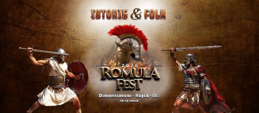 Epic banner for Romula Fest 2026 with two armored warriors duelling on a fiery background and a central helmet crest atop the logo.
