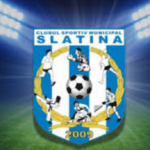Club logo: Municipal Sports Club Slatina, blue shield with a central soccer ball and players around a gold wreath, year 2009; stadium lights backdrop.