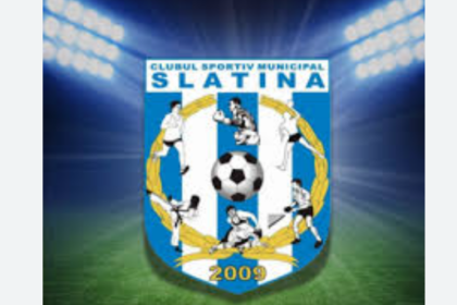 Club logo: Municipal Sports Club Slatina, blue shield with a central soccer ball and players around a gold wreath, year 2009; stadium lights backdrop.