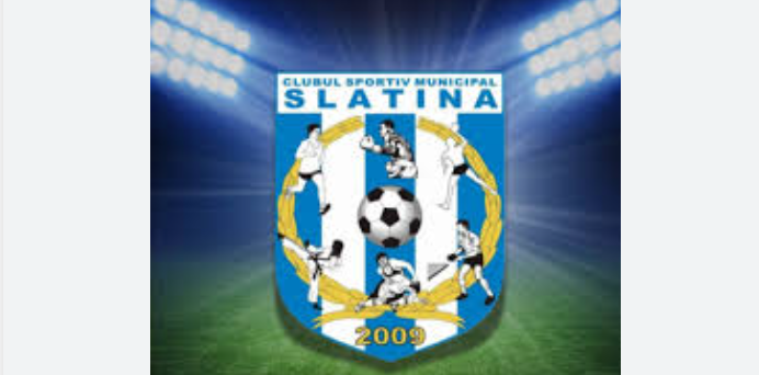 Club logo: Municipal Sports Club Slatina, blue shield with a central soccer ball and players around a gold wreath, year 2009; stadium lights backdrop.