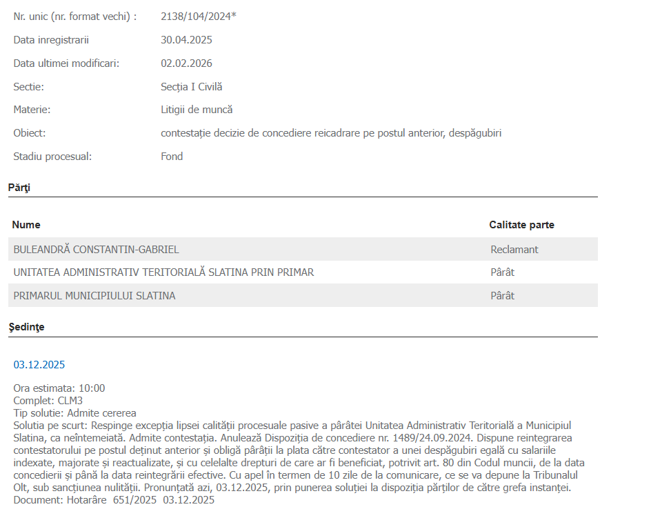 Court document: civil case summary with file 2138/104/2024, parties Constantin-Bulăndră and local authorities, hearing set 03.12.2025 at 10:00, decision details later.