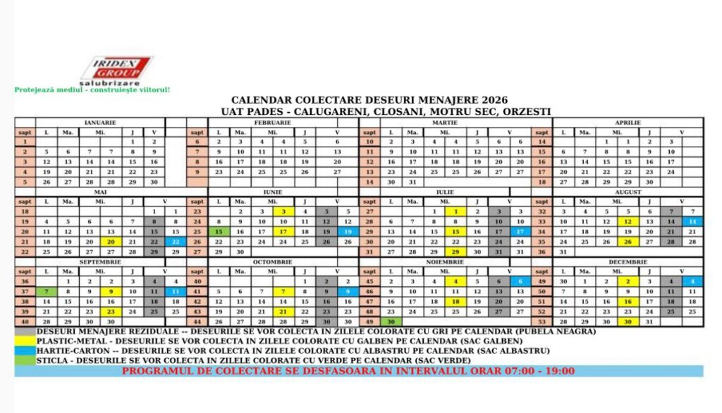 Waste collection calendar for 2026 showing monthly schedules for UAT Pădese - Călugăreni, Closan, Măguri Sec. Orzești (Romanian towns). Green/blue/yellow color codes indicate different waste types and collection days.
