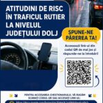 Poster informativ în română despre atitudini de risc în traficul rutier, cu sigla poliției și QR pentru chestionar.