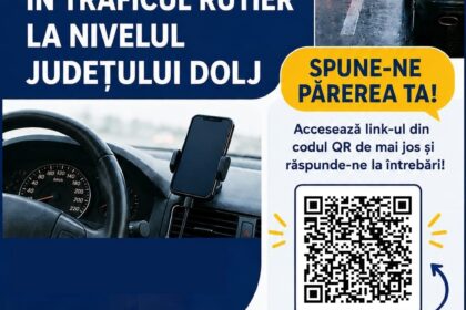 Poster informativ în română despre atitudini de risc în traficul rutier, cu sigla poliției și QR pentru chestionar.