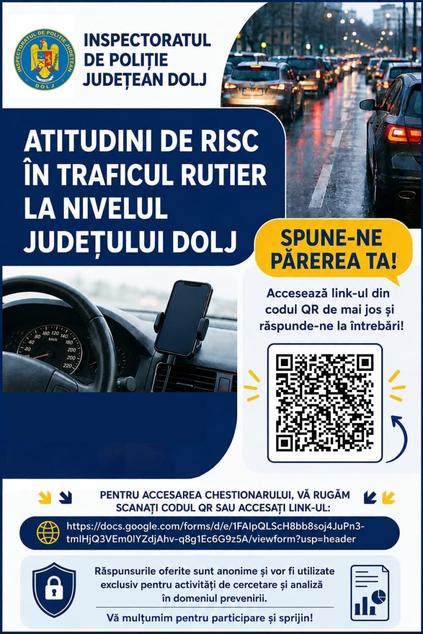 Poster informativ în română despre atitudini de risc în traficul rutier, cu sigla poliției și QR pentru chestionar.