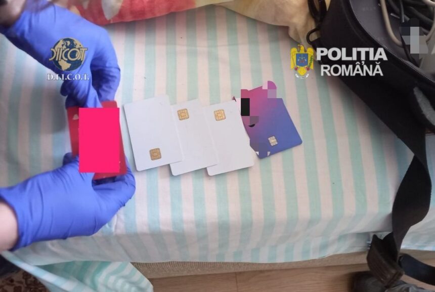 Two gloved hands arrange several white and purple smart cards with gold chips on a striped surface, with DIICOT and Romanian police logos visible.
