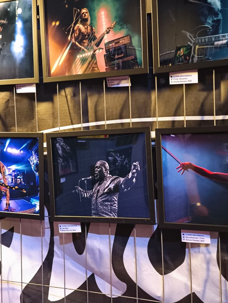 Gallery wall with framed concert photos of musicians performing on stage under colorful lights.