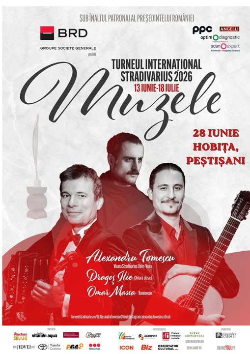 alexandru tomescu hobita - Jurnalul Olteniei – Știri din Craiova și Oltenia Event poster for Turneul International Stradivarius 2026, featuring three musicians (Alexandru Tomescu, Dragoș Ilie, Omar Massa) with a guitar, announcing the concert with a red-accent design and the title Muzele.