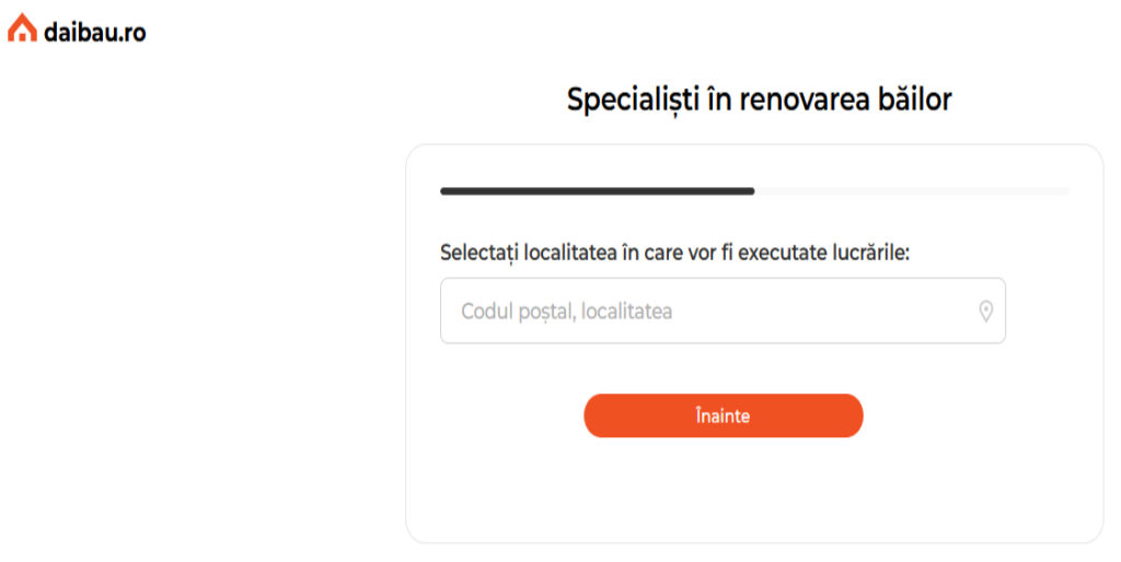 cerere-mester-renovare-baie - Jurnalul Olteniei – Știri din Craiova și Oltenia Formă de selecție a localității pentru renovarea băilor; câmp „Codul poștal, localitatea” și buton portocaliu „Înainte”.