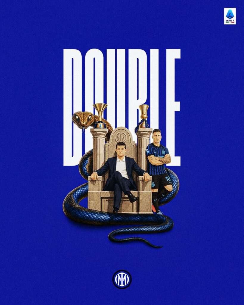 Blue poster celebrating Inter Milan's domestic double with a throne, two figures (manager and player), trophies, and a snake motif around the throne, and the word DOUBLE in large white letters.