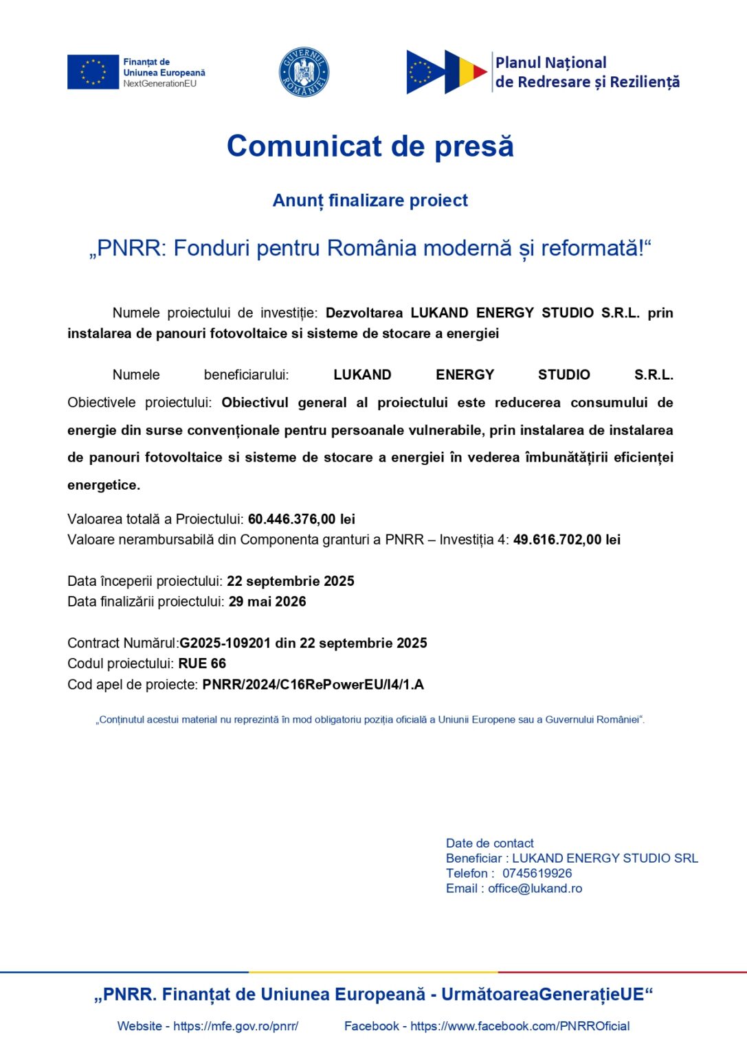 Official press release header with EU and Romanian logos and the title 'Comunicat de presă' announcing the project 'PNRR: Fonduri pentru România modernă și reformată'