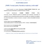 Official press release header with EU and Romanian logos and the title 'Comunicat de presă' announcing the project 'PNRR: Fonduri pentru România modernă și reformată'