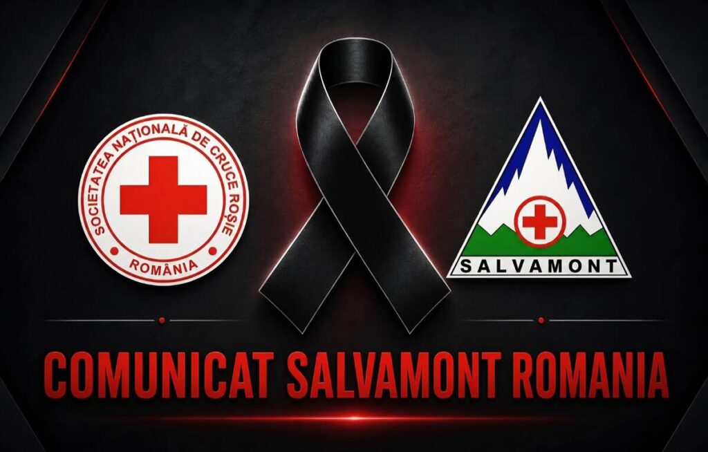 Awareness banner for Salvamont Romania and the Romanian Red Cross, featuring a black ribbon and the text 'COMUNICAT SALVAMONT ROMANIA'.
