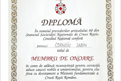 Romanian diploma certificate with ornate decorative border, red cross seal, and the word 'DIPLOMĂ' in the center, awarded in Bucharest on July 4, 2001, recognizing honorary membership in the National Society of the Red Cross of Romania.